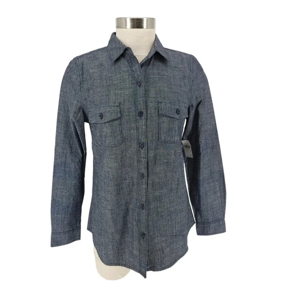Old Navy Shirt Dark Chambray Long Sleeve Button Up Collared Top - Picture 1 of 8